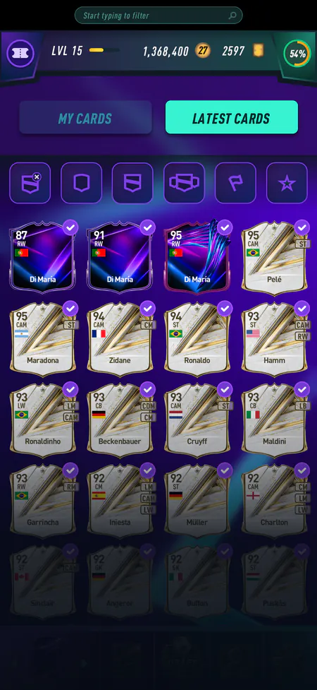 DEXFUT collection screen with filters and owned cards