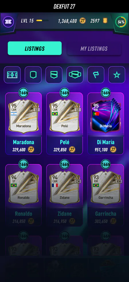 DEXFUT transfer market listings with prices and timers