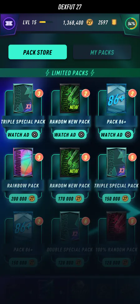 DEXFUT pack store with limited packs