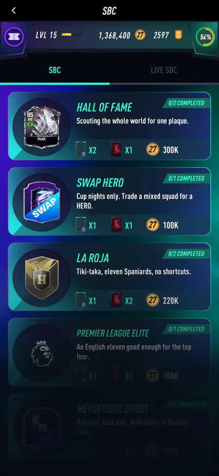 DEXFUT squad building challenges list