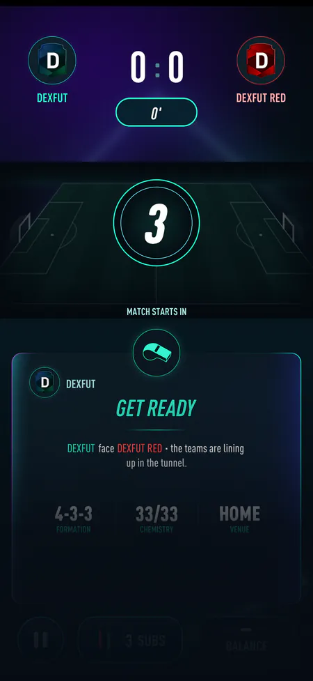 DEXFUT match kick-off screen with the countdown and line-ups